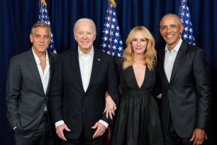 From left; actor George Clooney, President Joe Biden, actor Julia Roberts, former President Barack Obama pose at a campaigner fundraiser in June 2024.