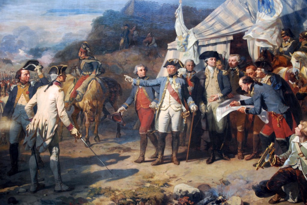 General Rochambeau and General Washington giving last orders before an attack at the Siege of Yorktown, October 1781.