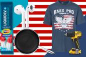 A t-shirt with a drill and a frying pan design, related to July Fourth celebrations