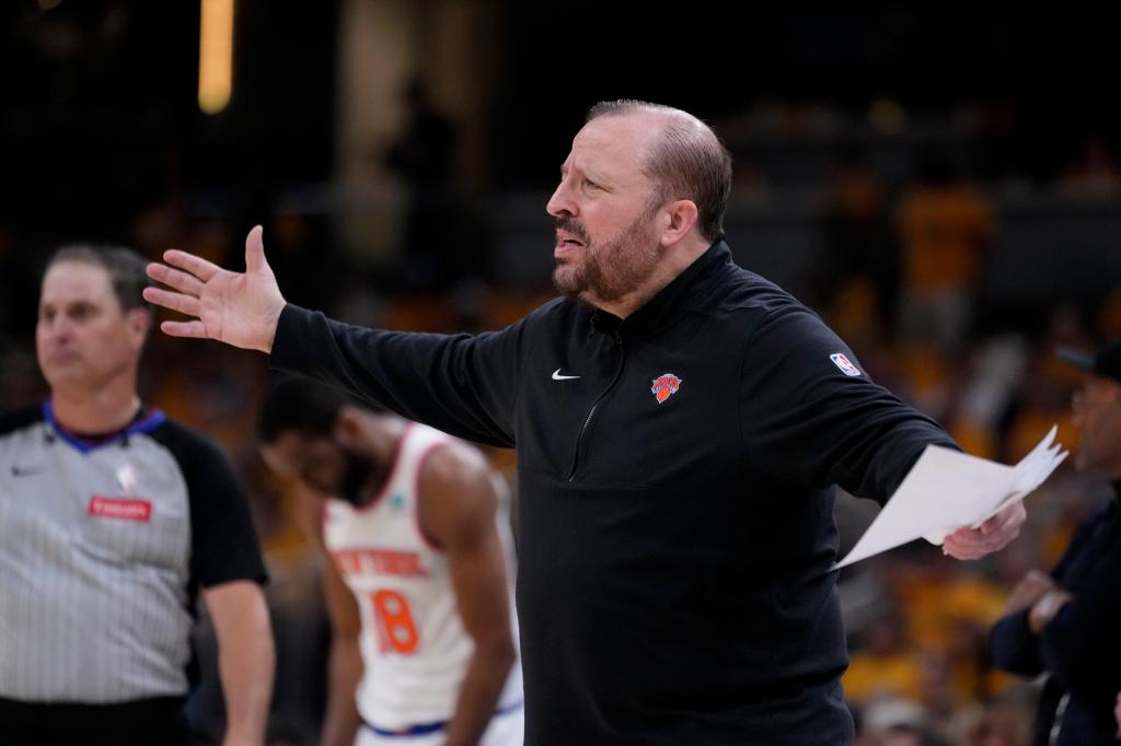 New York Knicks head coach Tom Thibodeau reacts to a call during the first half of Game 6 against the Indiana Pacers in an NBA basketball second-round playoff series, Friday, May 17, 2024, in Indianapolis. 