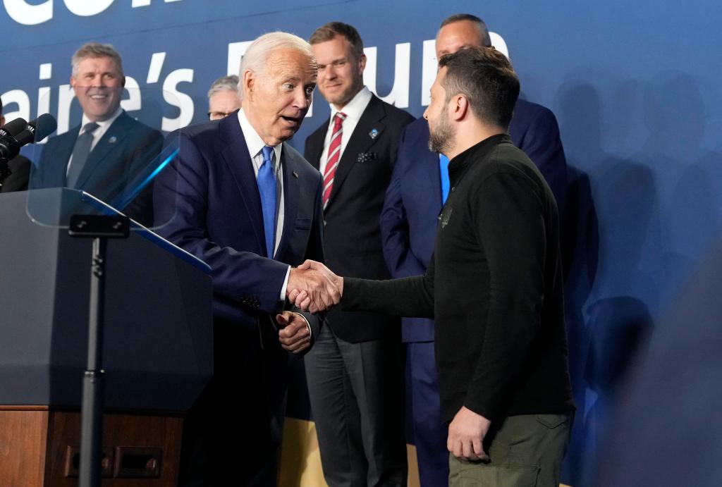 President Biden introduced Ukrainian President Volodymyr Zelensky as  Russian President Volodymyr Putin at the Walter E. Washington Convention Center in Washington, DC on Thursday, July 11, 2024. 