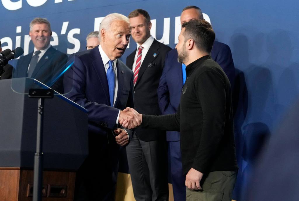 President Biden introduced Ukrainian President Volodymyr Zelensky as  Russian President Volodymyr Putin at the Walter E. Washington Convention Center in Washington, DC on Thursday, July 11, 2024. 