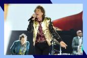 Rolling Stones frontman Mick Jagger croons onstage in concert.