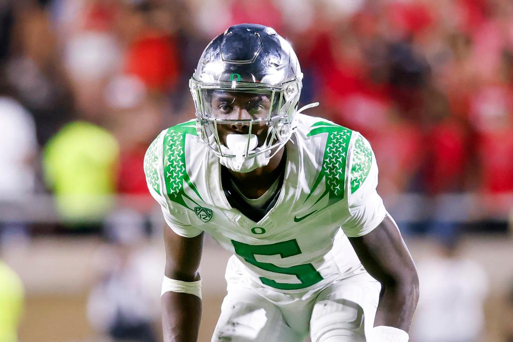 Oregon defensive back Khyree Jackson (5) lines up for a play against Texas Tech during the second half of an NCAA college football game, Saturday, Sept. 9, 2023