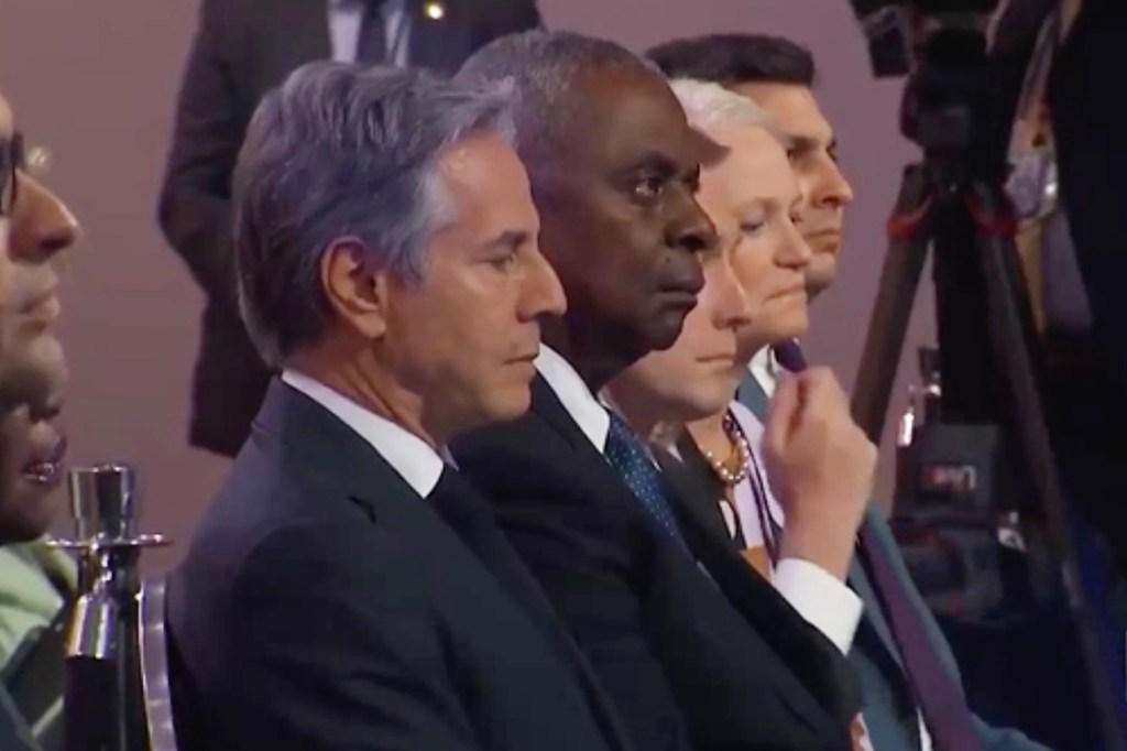 (L-R) Secretary of State Antony Blinken, Secretary of Defense Lloyd Austin, and National Security Advisor Jake Sullivan were seated in the front row for Biden's error-laden debacle at the Washington Convention Center.