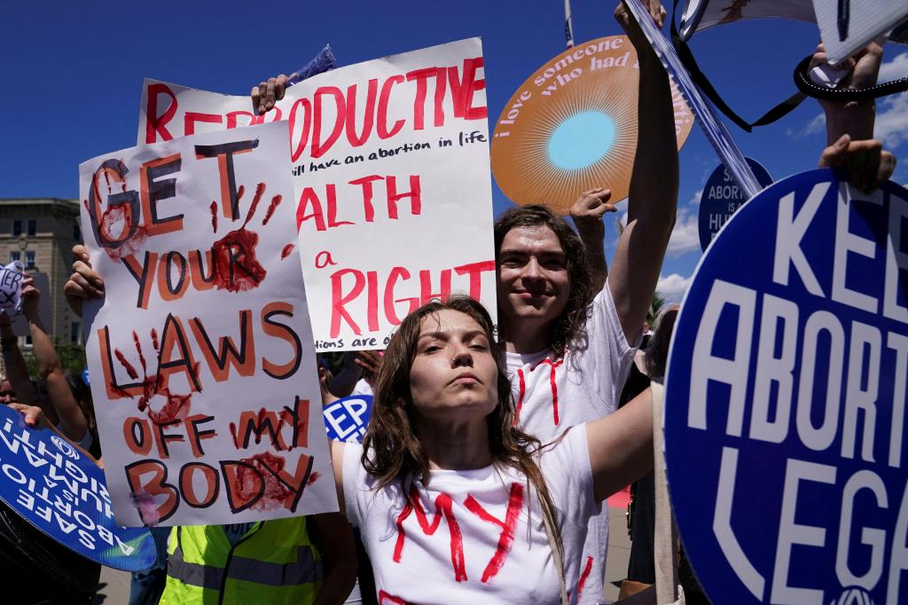 Abortion rights activists holding signs at the U.S. Supreme Court on the second anniversary of the Court overturning Roe v. Wade, June 24, 2024