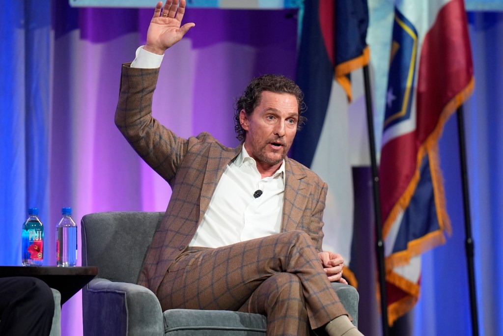 Actor Matthew McConaughey speaking at the 2024 National Governors Association meeting in Salt Lake City, making a remark about political polarization