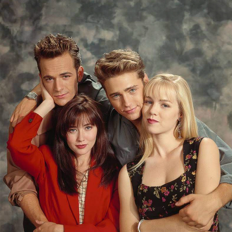 Luke Perry, Shannen Doherty, Jason Priestley and Jennie Garth pose for a "Beverly Hills, 90210" photo shoot in 1991.