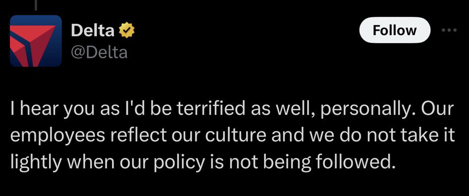 Text headline outlining Delta Airlines controversy regarding staff wearing Palestinian flag lapel badges against a black background.