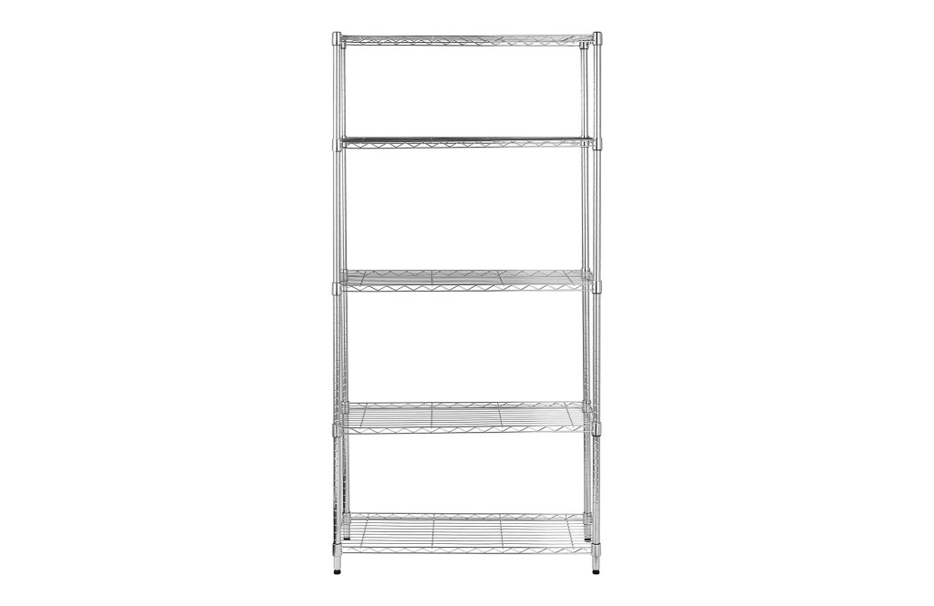 A metal shelf with four shelves