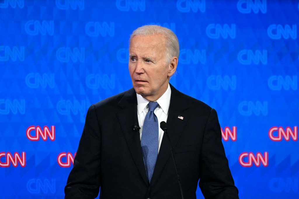 President Joe Biden looks on as he participates in the first presidential debate of the 2024 elections with former US President and Republican presidential candidate Donald Trump at CNN's studios in Atlanta, Georgia, on June 27, 2024. 
