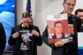 Yael Alexander, mother of Edan Alexander, wears a t-shirt with an image of his face, as families of American hostages in Gaza join elected officials for a press conference