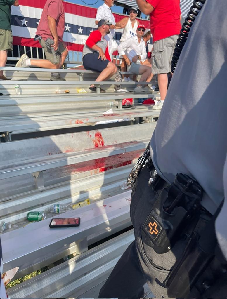 A bleacher covered with blood at the Trump rally in Pennsylvania.