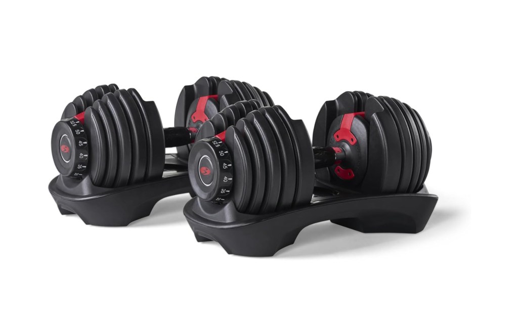 Black and red dumbbells on a stand