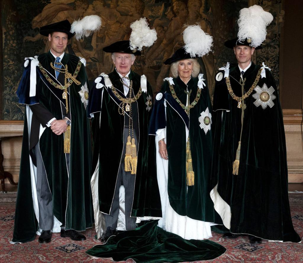 Britain's royal family, including Prince William, King Charles, Queen Camilla, and Prince Edward posing after the Thistle Service at St Giles' Cathedral in Edinburgh, Scotland.