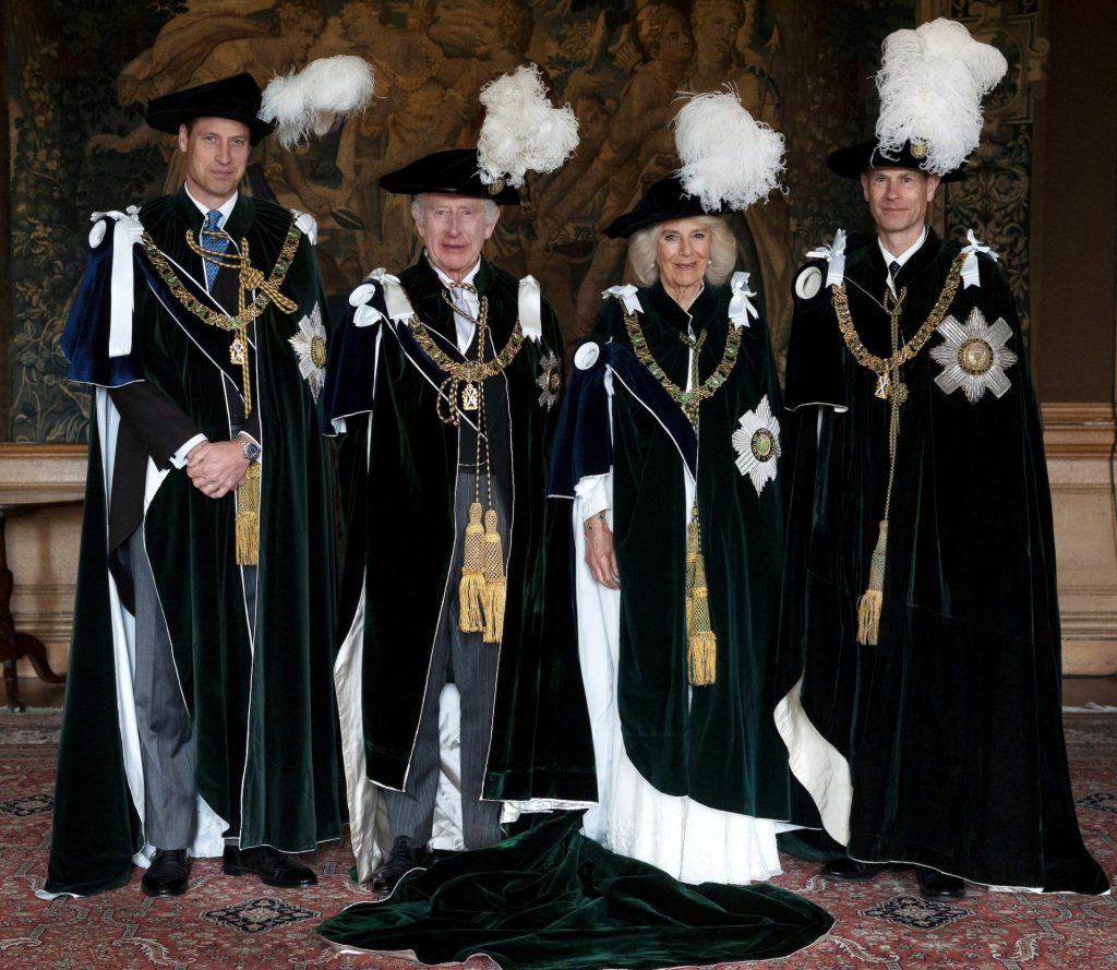 Britain's royal family, including Prince William, King Charles, Queen Camilla, and Prince Edward posing after the Thistle Service at St Giles' Cathedral in Edinburgh, Scotland.