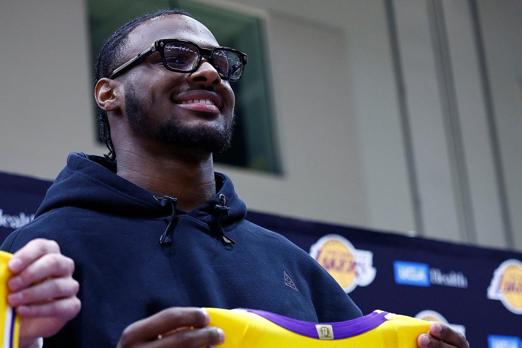 Bronny James #9 of the Los Angeles Lakers poses for a photo after a press conference at UCLA Health Training Center on July 02, 2024 in El Segundo, California. The Lakers selected Bronny James and Dalton Knecht in the 2024 NBA Draft