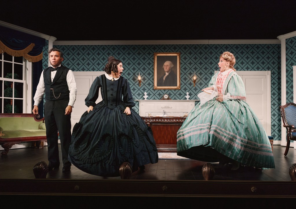 Conrad Ricamora, Cole Escola and Bianca Leigh in costume onstage in Oh Mary