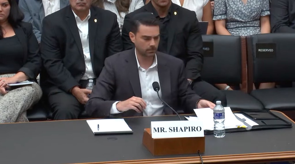 Daily Wire founder Ben Shapiro testifying at the House Judiciary Committee meeting on Collusion in the Global Alliance for Responsible Media on July 10, 2024.