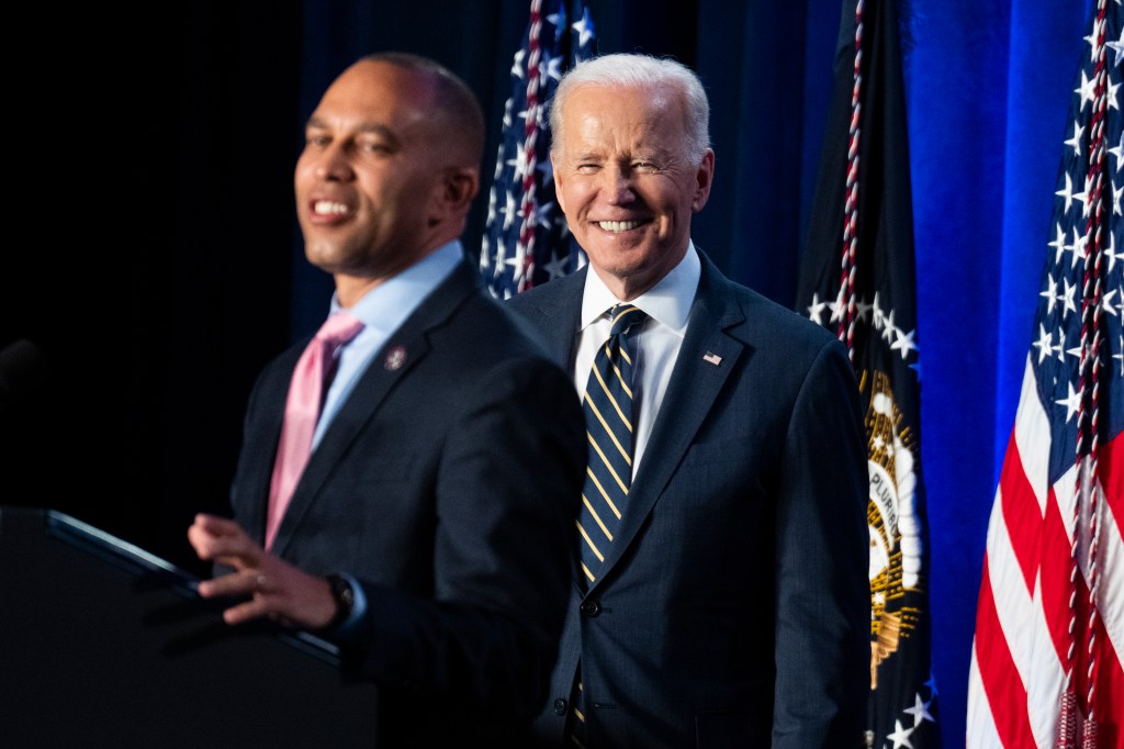 Democratic Caucus Chair Hakeem Jeffries, D-N.Y., introduces President Joe Biden before he addressed the House Democratic Caucus Issues Conference in Philadelphia, Pa., on Friday, March 11, 2022. 