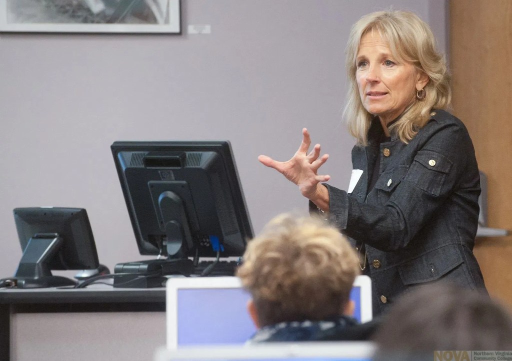 Dr. Jill Biden standing in front of a computer at Northern Virginia Community College's Alexandria campus.