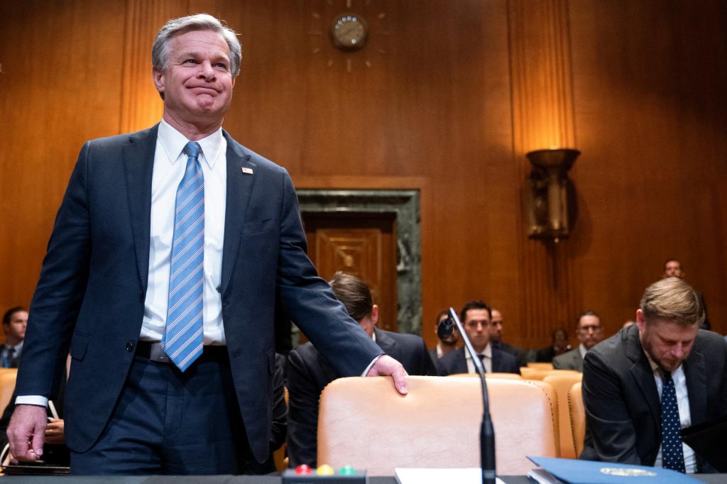 FBI Director Christopher Wray arrives for Senate Appropriations Commerce, Justice, Science, and Related Agencies Subcommittee hearing on President Bidenâs proposed budget request for the Federal Bureau of Investigation, on Capitol Hill in Washington, D.C., U.S., June 4, 2024.