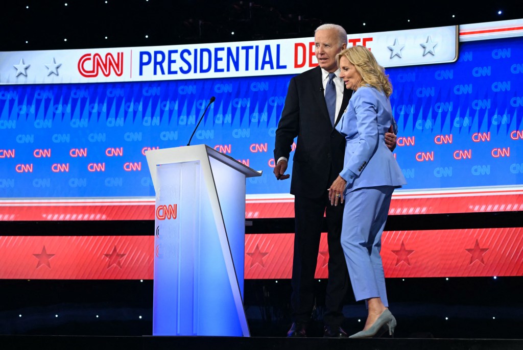 First Lady Jill Biden joins her husband US President Joe Biden on stage at the end of the first presidential debate of the 2024 elections with former US President and Republican presidential candidate Donald Trump at CNN's studios in Atlanta, Georgia, on June 27, 2024.
