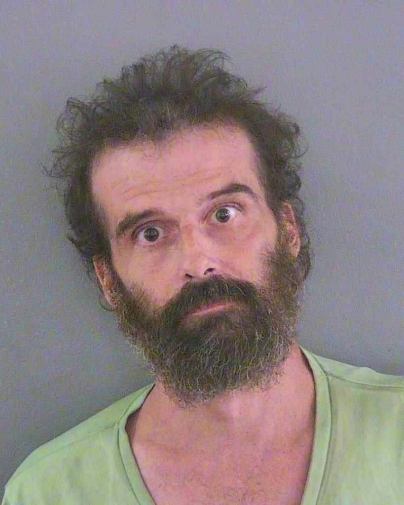 Mug shot of a white man with brown wild hair and a brown moustache and beard.