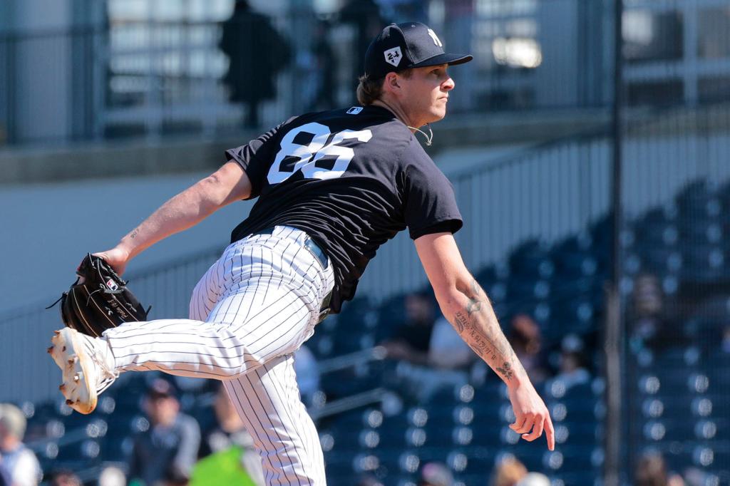 New York Yankees pitcher Chase Hampton #86 during practice at Steinbrenner Field, the Yankees Spring training complex in Tampa Florida.