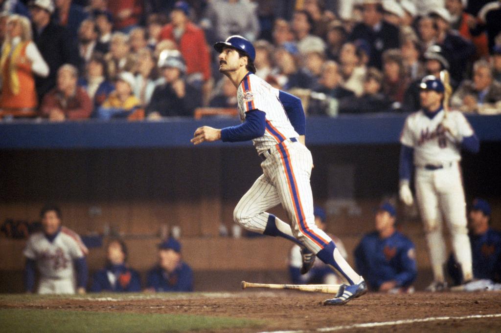 First baseman Keith Hernandez #17 of the New York Mets looks for the ball he hit during game 7 of the 1986 World Series against the Boston Red Sox at Shea Stadium on October 27, 1986 in Flushing, New York. The Mets won the series 4-3. 