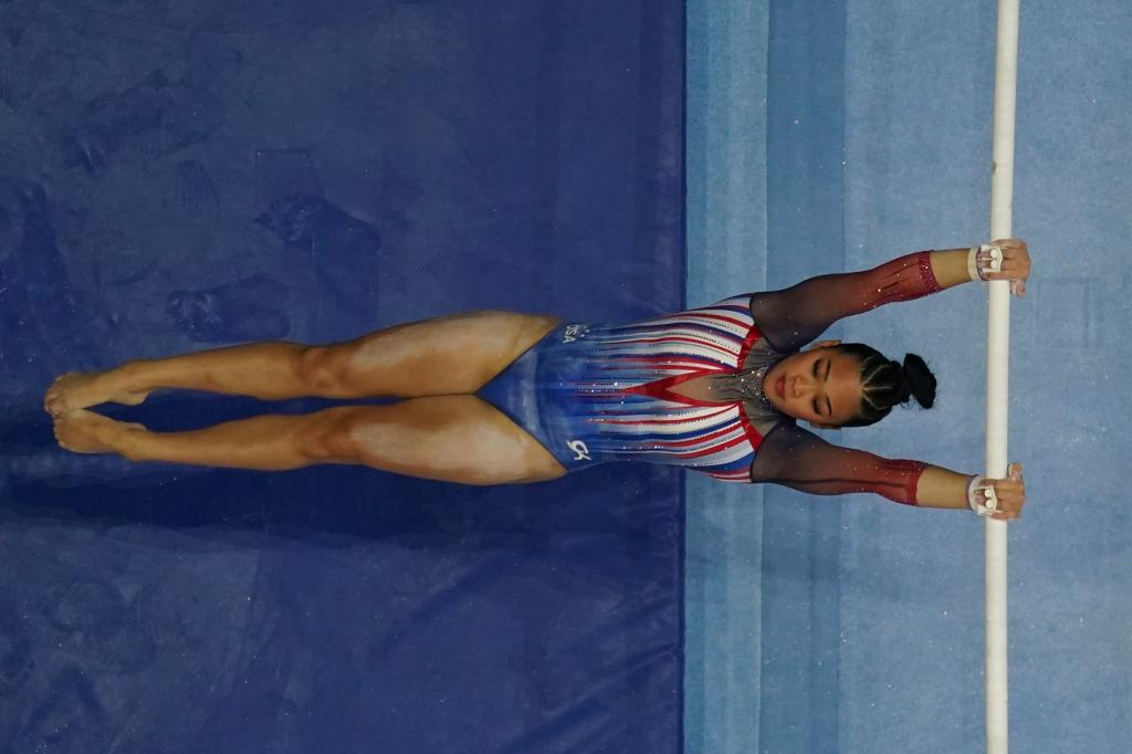 Hezly Rivera competing on the uneven bars at the United States Gymnastics Olympic Trials in Minneapolis, 2024