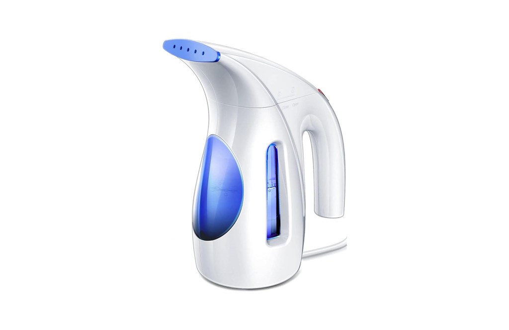 A white and blue steam cleaner