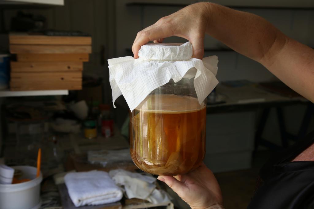 Homemade fermented Kombucha tea which is ready to drink.