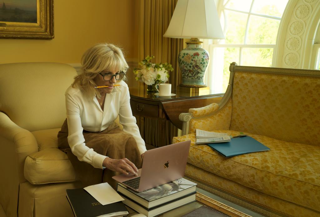 Dr. Jill Biden grading papers on her computer