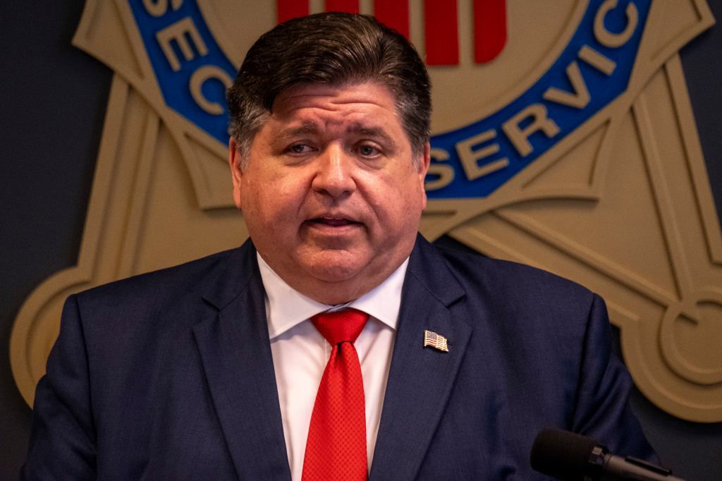 Illinois Gov. J.B. Pritzker attends a briefing on security for the Democratic National Convention at the United States Secret Service field office in Chicago, Illinois