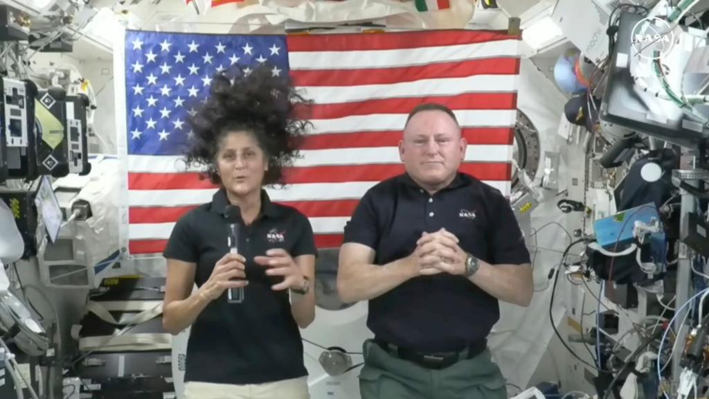 Suni Williams and Butch Wilmore give a news conference aboard the International Space Station on Wednesday, July 10, 2024.