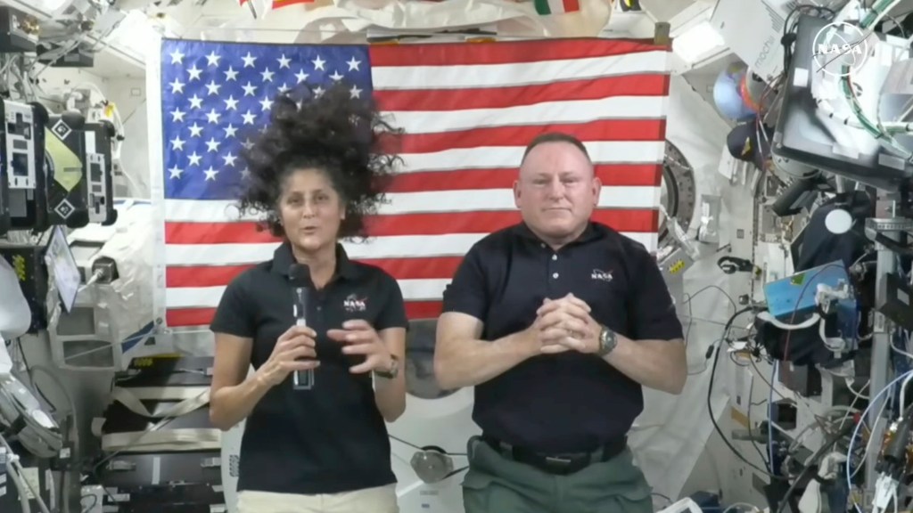 Suni Williams and Butch Wilmore give a news conference aboard the International Space Station on Wednesday, July 10, 2024.