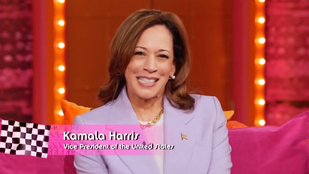 Vice President Kamala Harris smiling at the camera during a cameo appearance on RuPaul's Drag Race All Stars