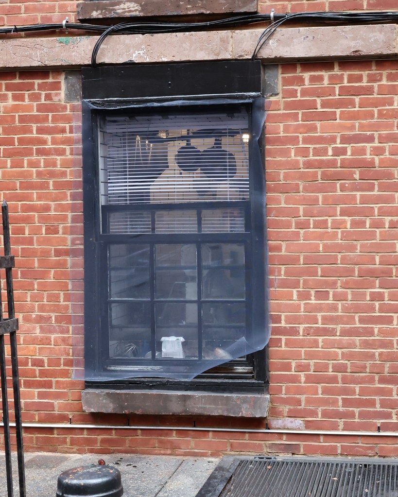 An exterior photo of the kitchen window of The Waverly Inn shows a screen that was pulled back from the casement window.