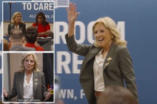 First Lady Jill Biden waving at an event in Allentown, Pennsylvania, accompanied by Democrat congresswomen