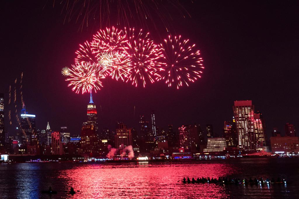 Fireworks light up the NYC skyline during the Macy's 4th of July Firework Show on July 4, 2024.