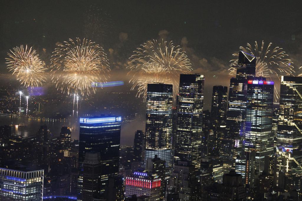 Fireworks are seen from the Summit observatory in NYC on July 4, 2024.