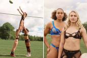 Professional female rugby players participating in a 'strong is beautiful' campaign, wearing lingerie on the field