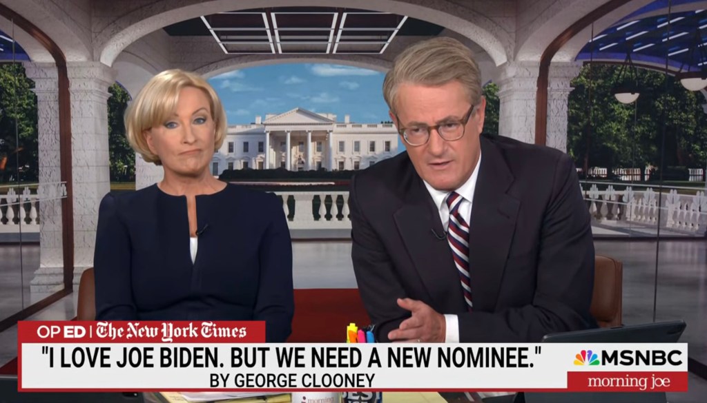 Morning Joe co-hosts Mika Brzezinski (left) and Joe Scarborough (right) weighed in on George Clooney's op-ed in The New York Times.