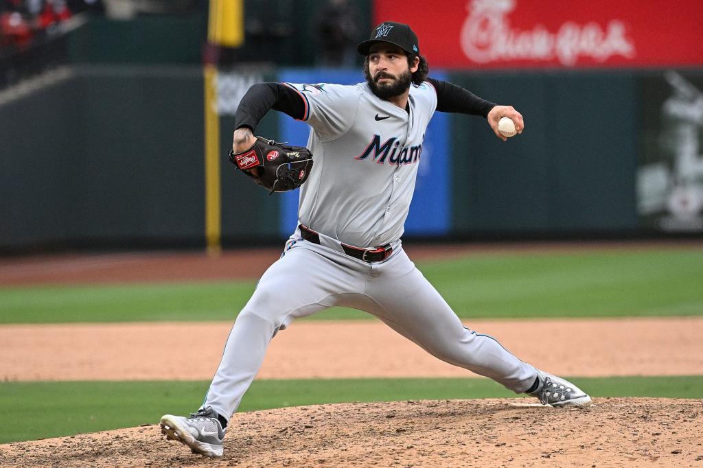 Andrew Nardi #43 of the Miami Marlins pitches against the St. Louis Cardinals in the seventh inning of the home opener at Busch Stadium on April 4, 2024 in St Louis, Missouri. 