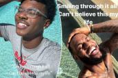 A collage featuring LeBron James smiling and lying in a pool