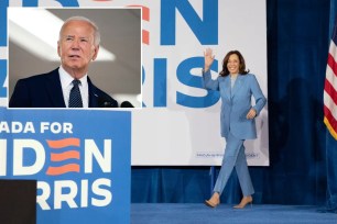 Kamala Harris in a suit waving with Joe Biden in a newspress collage