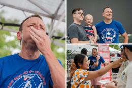 Joey Chestnut nearly matches Nathan's champion — in less time — as he helps raise $106K for military families in exhibition after contest ban