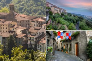 A collage of various buildings and trees, representing a scene in Tuscany