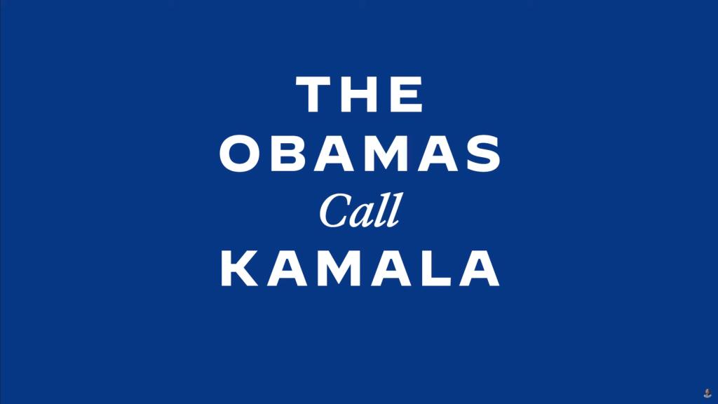 Barack and Michelle Obama on a call endorsing Kamala Harris for President, represented by a blue sign with white text